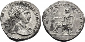 Trajan, 98-117. Denarius (Silver, 18 mm, 2.95 g, 8 h), Rome, 108-109. Laureate head of Trajan to right, with slight drapery over his far shoulder. Rev...