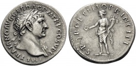 Trajan, 98-117. Denarius (Silver, 18 mm, 3.25 g, 7 h), Rome, 106-107. IMP TRAIANO AVG GER DAC P M TR P COS V P P Laureate bust of Trajan to right, wit...
