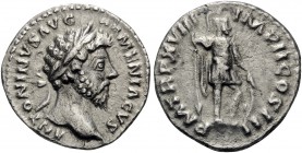 Marcus Aurelius, 161-180. Denarius (Silver, 18 mm, 3.03 g, 1 h), Rome, 164. ANTONINVS AVG ARMENIACVS Laureate head of Marcus Aurelius to right. Rev. P...