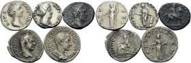 Diva Faustina Senior, Faustina Junior, Septimius Severus, Caracalla, Gordian III, 147-244. (Silver, 15.77 g). Lot of five selected Denarii. ( 1 ). Div...