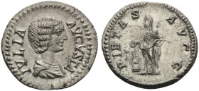 Julia Domna, Augusta, 193-217. Denarius (Silver, 18 mm, 3.17 g, 6 h), Rome, 196-211. IVLIA AVGVSTA Draped bust of Julia Domna to right. Rev. PIETAS AV...