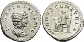 Julia Domna, Augusta, AD 193-217. Antoninianus (Silver, 22 mm, 5.10 g, 1 h), Rome, 216. IVLIA PIA FELIX AVG Diademed and draped bust of Julia Domna to...