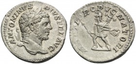 Caracalla, 198-217. Denarius (Silver, 18 mm, 3.35 g, 12 h), Rome, 213. ANTONINVS PIVS FEL AVG Laureate head of Caracalla to right. Rev. MARTI PROPVGNA...