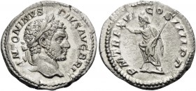 Caracalla, 198-217. Denarius (Silver, 19 mm, 2.86 g, 6 h), Rome, 213. ANTONINVS PIVS AVG BRIT Laureate and bearded head of Caracalla to right. Rev. P ...