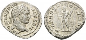 Caracalla, 198-217. Denarius (Silver, 19 mm, 3.34 g, 1 h), Rome, 213. ANTONINVS PIVS AVG BRIT Laureate head of Caracalla to right. Rev. P M TR P XVI C...