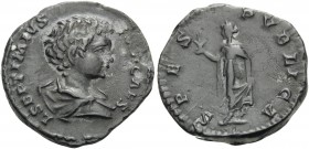 Geta, as Caesar, 198-209. Denarius (Silver, 17.5 mm, 2.21 g, 7 h), Struck under his father, Septimius Severus, Rome, 198. L SEPTIMIVS GETA CAES Draped...