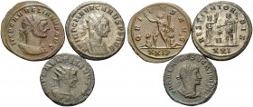 Aurelian, Vabalathus, Carus, 270-283. (Billon, 10.88 g). Lot of three Antoniniani. ( 1 ). Aurelian, 270-275. Siscia. 23 mm, 4.32 g, 6h. RIC 255. ( 2 )...