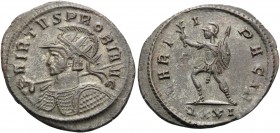 Probus, 276-282. Antoninianus (Billon, 24 mm, 3.61 g, 11 h), Ticinum, 4th officina, 280. VIRTVS PROBI AVG Radiate, helmeted and cuirassed bust of Prob...