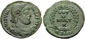 Jovian, 363-364. Centenionalis (Bronze, 20 mm, 2.32 g, 12 h), Sirmium, 2nd officina. D N IOVIA-NVS P F AVG Rosette diademed, draped, and cuirassed bus...