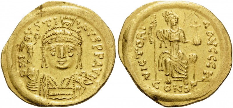 Justin II, 565-578. Solidus (Gold, 21 mm, 4.38 g, 6 h), Constantinople, 8th offi...