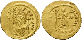 Phocas, 602-610. Solidus (Gold, 21 mm, 4.43 g, 7 h), Constantinople, 10th officina, 603. O N FOCAЄ PЄRP AV' Crowned bust of Focas facing, wearing cons...