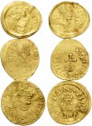Justinian I, Maurice Tiberius and Constantine IV, 527-685. (Gold, 2.75 g). Lot of Three Tremissis. ( 1 ). Justinian I, 527-565. Constantinople, 15.5 g...