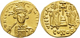 Constantine IV Pogonatus, with Heraclius and Tiberius, 668-685. Solidus (Gold, 19 mm, 4.32 g, 6 h), Constantinople, 2nd officina, 674-681. d N CONST-A...