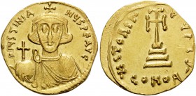 Justinian II, First reign, 685-695. Solidus (Gold, 19 mm, 4.25 g, 7 h), Constantinople, 1st officina, 687-692. D IUSTINIA-NUS PE AV Crowned and bearde...