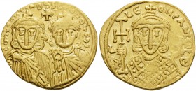 Constantine V Copronymus, with Leo IV, 741-775. Solidus (Gold, 20 mm, 4.37 g, 5 h), Constantinople, 751-757. COҺSτAҺτIҺOS S LЄOҺ O ҺЄOS Crowned busts ...