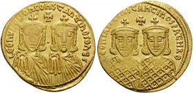 Leo IV the Khazar, with Constantine VI, 775-780. Solidus (Gold, 21 mm, 4.42 g, 6 h), Constantinople, 776-778. LЄOҺ VSSЄqqOҺ COҺSτAҺτI O ҺЄO' Crowned e...