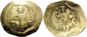 Constantine X Ducas, 1059-1067. Histamenon (Gold, 28 mm, 4.35 g, 6 h), Constantinople. +IhS XS REX RENANTIM Christ, nimbate, seated facing on straight...