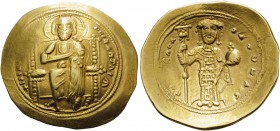Constantine X Ducas, 1059-1067. Histamenon (Gold, 25 mm, 4.38 g, 6 h), Constantinople. +IhS IXS REX REGNANThIm Christ, nimbate, seated facing on strai...