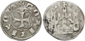 John V Palaeologus, 1341-1391. (Billon, 17.5 mm, 0.84 g, 6 h), Tornese, "Politikon" coinage, Constantinople. +ΠOΛITIKON Cross pattée. Rev. Castle with...