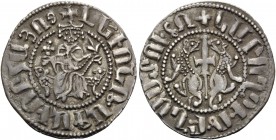 ARMENIA, Cilician Armenia. Royal . Levon I, 1198-1219. Tram (Silver, 23 mm, 2.89 g, 11 h). Levon seated facing on throne decorated with lions, holding...