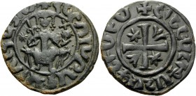 ARMENIA, Cilician Armenia. Royal . Hetoum I, 1226-1270. (Bronze, 29 mm, 8.49 g, 8 h), Sis. Levon seated facing on throne, holding staff and globus cru...