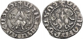 ARMENIA, Cilician Armenia. Royal . Oshin, 1308-1320. Tram (Silver, 22 mm, 2.74 g, 6 h). Oshin seated facing on throne decorated with lions, holding cr...