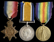 A Great War 1914 Trio awarded to Private George Richard Woodage, 2nd Battalion the Queen’s Regiment, and apparently having received a gunshot wound to...
