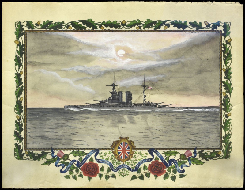 An Attractive ‘Jutland Interest’ Great War Naval Watercolour Painting, with pen ...