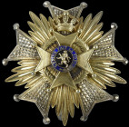 Belgium, Order of Leopold II, Grand Officer’s breast star, in silver, gilt and blue enamel, 83.5mm, central enamel chipped, very fine

Estimate: GBP...