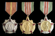 North Korea, Order of Coal and Mining Industry Service Honour, First (3) Second and Third Class breast badges, one First Class with incorrect riband; ...