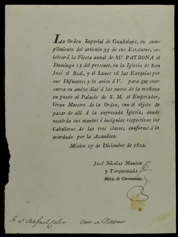 Feast of the Imperial Order of Guadalupe, 13 December 1822, printed invitation t...