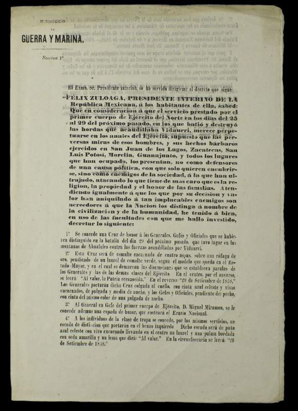 Ministerio de Guerra y Marina, Decree of President Fèlix Zuloaga authorising the...