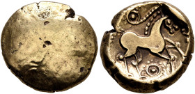 BRITAIN. Iceni. Uninscribed, circa 65-1 BC. Stater (Gold, 17 mm, 5.73 g), 'Multi Pellets' type. Traces of design. Rev. Celticized horse to right; abov...