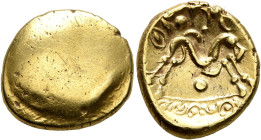 NORTHEAST GAUL. Ambiani. Circa 60-30 BC. Stater (Gold, 18 mm, 6.17 g), 'statère uniface' type. Irregular blank convex surface. Rev. Celticized horse g...