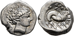 SOUTHERN GAUL. Insubres. Late 2nd-early 1st century BC. Drachm (Silver, 14 mm, 4.01 g, 3 h), imitating Massalia. Female head to right, wearing triple-...