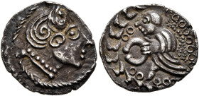 CENTRAL EUROPE. Uncertain tribe. 1st century BC. Quinarius (Silver, 16 mm, 1.90 g, 6 h), 'Nauheim' type. Celticized male head to right, wearing pearl ...