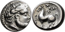 MIDDLE DANUBE. Uncertain tribe. 2nd century BC. Tetradrachm (Silver, 22 mm, 12.06 g, 9 h), 'Ornamentreiter' type, imitating Philip II of Macedon. Celt...