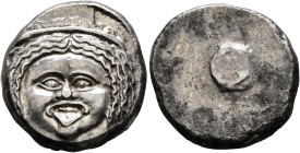 ETRURIA. Populonia. Circa 300-250 BC. 20 Asses (Silver, 20 mm, 8.23 g). Diademed facing head of Metus with protruding tongue; below, [X:X] (mark of va...