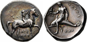 CALABRIA. Tarentum. Circa 302-280 BC. Didrachm or Nomos (Silver, 21 mm, 7.88 g, 12 h), Sa..., Arethon and Cas..., magistrates. Nude youth riding horse...
