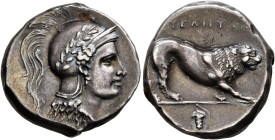 LUCANIA. Velia. Circa 300-280 BC. Didrachm or Nomos (Silver, 21 mm, 7.50 g, 3 h). Head of Athena to right, wearing wreathed and crested Attic helmet. ...