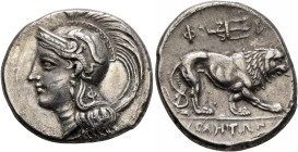 LUCANIA. Velia. Circa 300-280 BC. Didrachm or Nomos (Silver, 21 mm, 7.47 g, 3 h). Head of Athena to left, wearing crested Attic helmet decorated with ...
