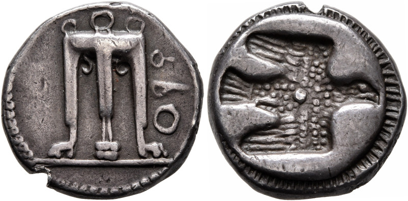 BRUTTIUM. Kroton. Circa 480-430 BC. Stater (Silver, 19 mm, 7.94 g, 4 h). ϘΡΟ Tri...