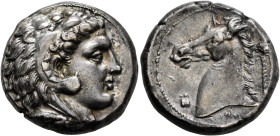 SICILY. Entella (?). Punic issues, circa 300-289 BC. Tetradrachm (Silver, 24 mm, 16.85 g, 4 h). Head of Herakles to right, wearing lion skin headdress...