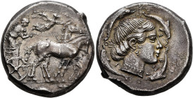 SICILY. Syracuse. Second Democracy, 466-405 BC. Tetradrachm (Silver, 25 mm, 17.25 g, 2 h), circa 450-440. Charioteer driving quadriga walking to right...