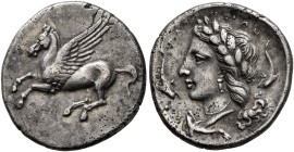 SICILY. Syracuse. Timoleon and the Third Democracy, 344-317 BC. Drachm (Silver, 16 mm, 2.62 g, 10 h), Corinthian standard, circa 344-339/8. Pegasos fl...