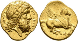 SICILY. Syracuse. Timoleon and the Third Democracy, 344-317 BC. Quarter Stater (Gold, 13 mm, 2.14 g, 6 h), circa 339/8-336. ΣYPAKOΣIΩN Laureate head o...