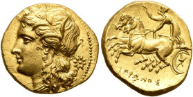 SICILY. Syracuse. Hieron II, 275-215 BC. 60 Litrai or Dekadrachm (Gold, 16 mm, 4.27 g, 4 h), 269-263 or 218/7-215. Head of Persephone to left, wearing...
