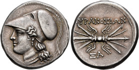 SICILY. Syracuse. Fifth Democracy, 214-212 BC. 8 Litrai (Silver, 23 mm, 6.82 g, 9 h). Head of Athena to left, wearing crested Corinthian helmet, singl...