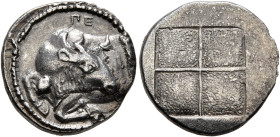 MACEDON. Akanthos. Circa 430-390 BC. Tetrobol (Silver, 16 mm, 2.35 g). Forepart of a bull to left, head turned back to right; above, ΠE. Rev. Quadripa...