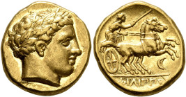 KINGS OF MACEDON. Philip II, 359-336 BC. Stater (Gold, 17 mm, 8.59 g, 12 h), Amphipolis, circa 340/36-328. Laureate head of Apollo to right. Rev. ΦΙΛΙ...